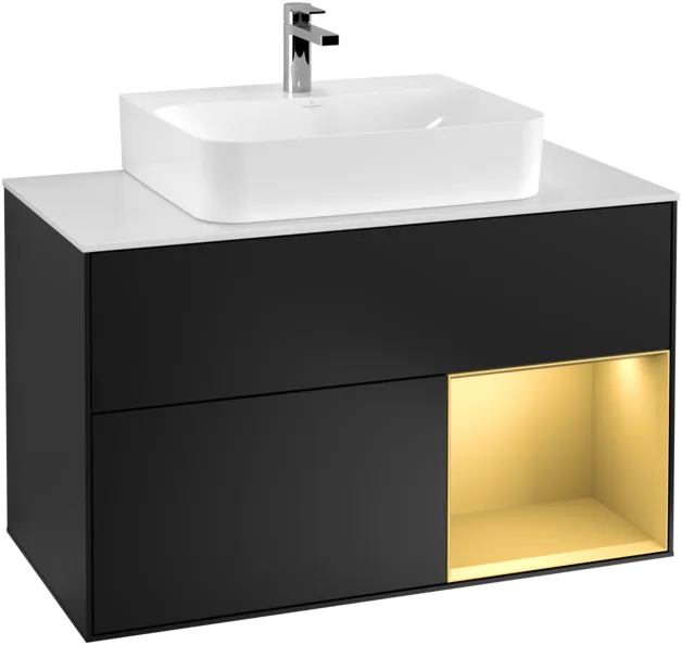 VILLEROY BOCH Toaletní skříňka Finion, s osvětlením, 2 výsuvy, 1000 x 603 x 501 mm, černý matný lak / zlatý matný lak / bílé matné sklo #F121HFPD, obrázek 1