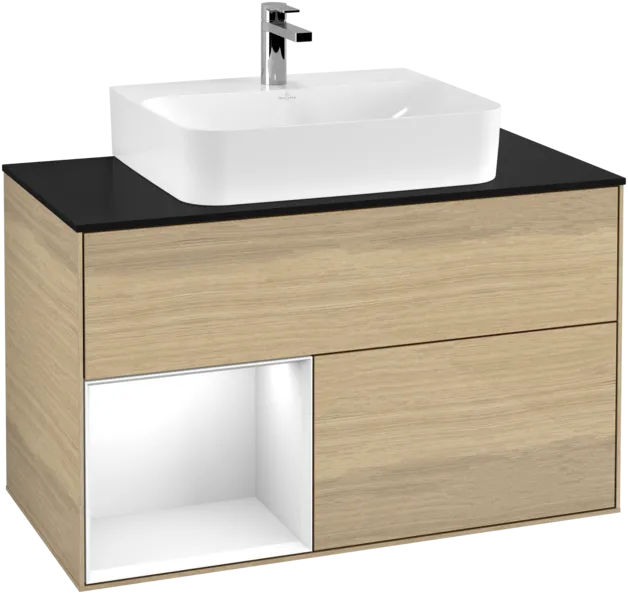 VILLEROY BOCH Toaletní skříňka Finion, s osvětlením, 2 výsuvy, 1000 x 603 x 501 mm, dubová dýha / lesklý bílý lak / černé matné sklo #F112GFPC
