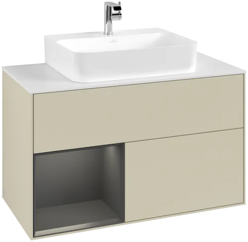 VILLEROY BOCH Toaletní skříňka Finion, s osvětlením, 2 výsuvy, 1000 x 603 x 501 mm, hedvábně šedý matný lak / půlnočně modrý matný lak / bílé matné sklo #F111HGHJ