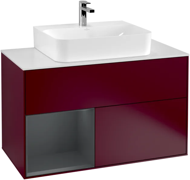 VILLEROY BOCH Toaletní skříňka Finion, s osvětlením, 2 výsuvy, 1000 x 603 x 501 mm, Pivoňka matný lak / Půlnoční modrá matný lak / Sklo bílé matné #F111HGHB