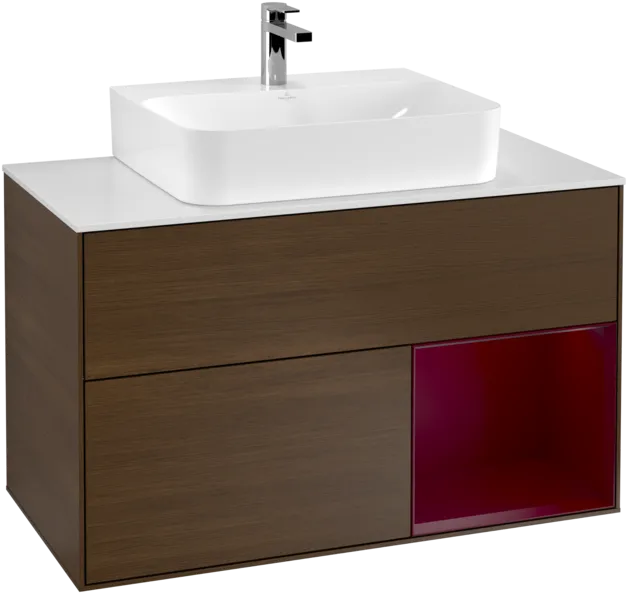 VILLEROY BOCH Toaletní skříňka Finion, s osvětlením, 2 výsuvy, 1000 x 603 x 501 mm, ořechová dýha / matný lak Pivoňka / matné bílé sklo #F121HBGN