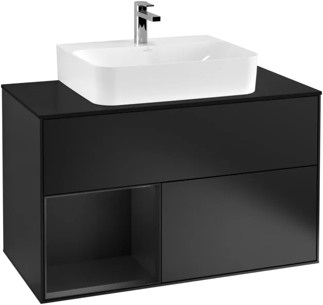 VILLEROY BOCH Umyvadlová skříňka Finion, s osvětlením, 2 výsuvy, 1000 x 603 x 501 mm, černý matný lak / černý matný lak / černé matné sklo #F112PDPD