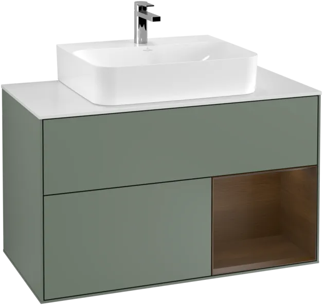 VILLEROY BOCH Toaletní skříňka Finion, s osvětlením, 2 výsuvy, 1000 x 603 x 501 mm, olivový matný lak / ořechová dýha / sklo bílé matné #F121GNGM