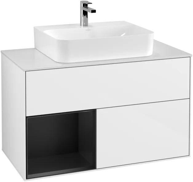 VILLEROY BOCH Umyvadlová skříňka Finion, s osvětlením, 2 výsuvy, 1000 x 603 x 501 mm, lesklý bílý lak / černý matný lak / bílé matné sklo #F111PDGF, obrázek 1