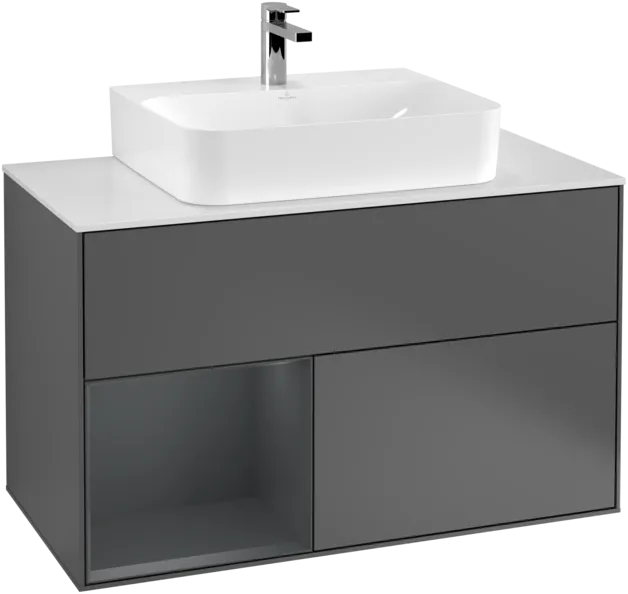 VILLEROY BOCH Toaletní skříňka Finion, s osvětlením, 2 výsuvy, 1000 x 603 x 501 mm, antracitový matný lak / půlnoční modrý matný lak / bílé matné sklo #F111HGGK
