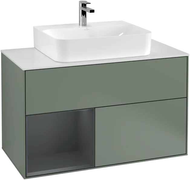 VILLEROY BOCH Toaletní skříňka Finion, s osvětlením, 2 výsuvy, 1000 x 603 x 501 mm, olivový matný lak / půlnoční modrý matný lak / bílé matné sklo #F111HGGM