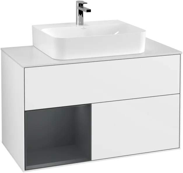 VILLEROY BOCH Toaletní skříňka Finion, s osvětlením, 2 výsuvy, 1000 x 603 x 501 mm, lesklý bílý lak / půlnoční modrý matný lak / bílé matné sklo #F111HGGF