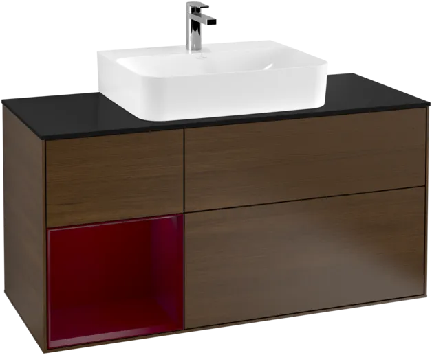 VILLEROY BOCH Toaletní skříňka Finion, s osvětlením, 3 výsuvy, 1200 x 603 x 501 mm, ořechová dýha / matný lak Pivoňka / černé matné sklo #F162HBGN, obrázek 1