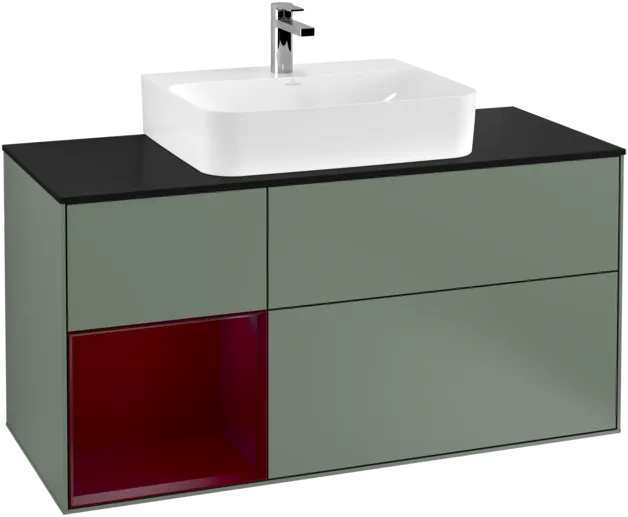 VILLEROY BOCH Toaletní skříňka Finion, s osvětlením, 3 výsuvy, 1200 x 603 x 501 mm, olivový matný lak / pivoňkový matný lak / černé matné sklo #F162HBGM, obrázek 1
