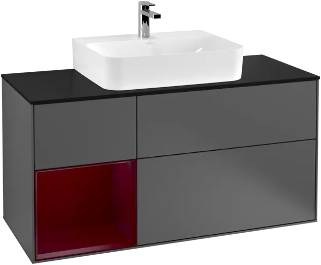 VILLEROY BOCH Toaletní skříňka Finion, s osvětlením, 3 výsuvy, 1200 x 603 x 501 mm, antracitový matný lak / pivoňkový matný lak / černé matné sklo #F162HBGK, obrázek 1