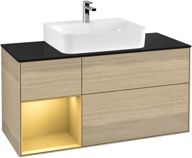 VILLEROY BOCH Toaletní skříňka Finion, s osvětlením, 3 výsuvy, 1200 x 603 x 501 mm, dubová dýha / zlatý matný lak / černé matné sklo #F162HFPC