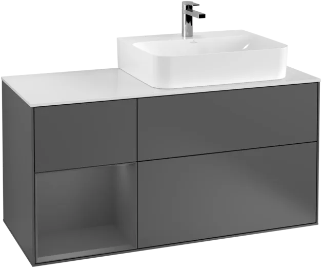 VILLEROY BOCH Toaletní skříňka Finion, s osvětlením, 3 výsuvy, 1200 x 603 x 501 mm, antracit matný lak / antracit matný lak / sklo bílé matné #F141GKGK