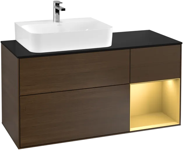 VILLEROY BOCH Toaletní skříňka Finion, s osvětlením, 3 výsuvy, 1200 x 603 x 501 mm, ořechová dýha / zlatý matný lak / černé matné sklo #F152HFGN, obrázek 1