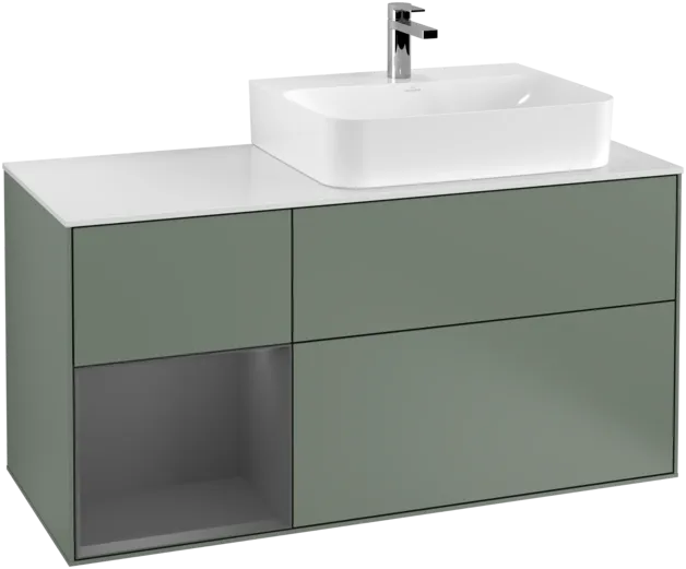 VILLEROY BOCH Toaletní skříňka Finion, s osvětlením, 3 výsuvy, 1200 x 603 x 501 mm, olivový matný lak / antracitový matný lak / bílé matné sklo #F141GKGM, obrázek 1