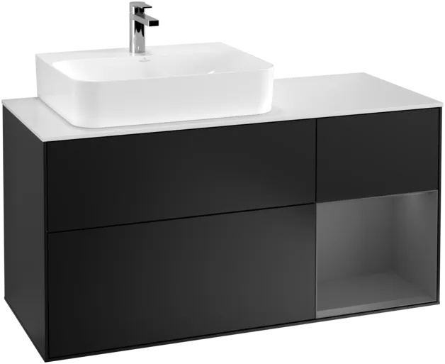 VILLEROY BOCH Toaletní skříňka Finion, s osvětlením, 3 výsuvy, 1200 x 603 x 501 mm, černý matný lak / antracitový matný lak / bílé matné sklo #F151GKPD