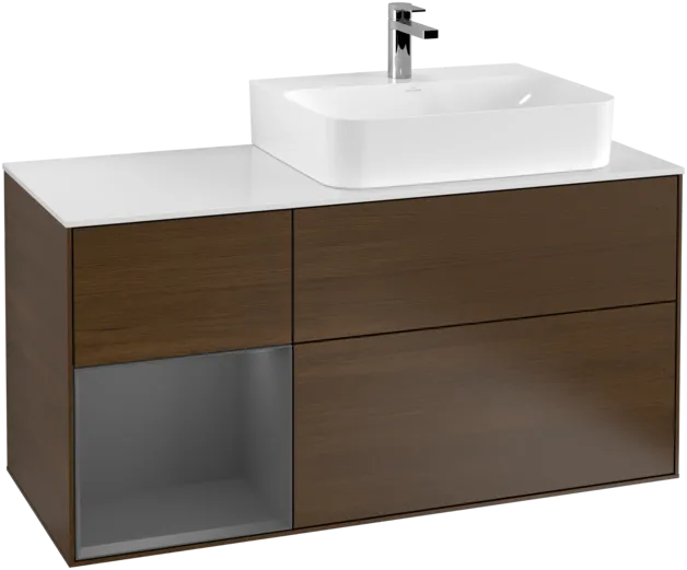 VILLEROY BOCH Toaletní skříňka Finion, s osvětlením, 3 výsuvy, 1200 x 603 x 501 mm, ořechová dýha / antracitový matný lak / bílé matné sklo #F141GKGN, obrázek 1
