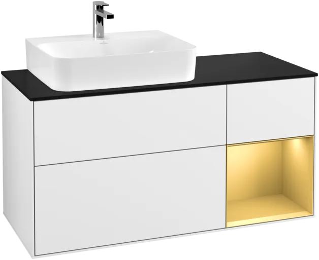 VILLEROY BOCH Toaletní skříňka Finion, s osvětlením, 3 výsuvy, 1200 x 603 x 501 mm, lesklý bílý lak / zlatý matný lak / černé matné sklo #F152HFGF, obrázek 1