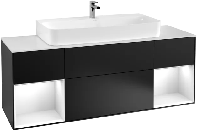 VILLEROY BOCH Toaletní skříňka Finion, s osvětlením, 4 výsuvy, 1600 x 603 x 501 mm, černý matný lak / bílý lesklý lak / bílé matné sklo #F211GFPD