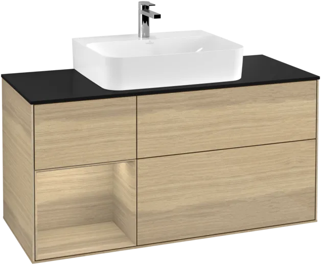 VILLEROY BOCH Toaletní stolek Finion, s osvětlením, 3 výsuvy, 1200 x 603 x 501 mm, dubová dýha / dubová dýha / sklo černé matné #F162PCPC
