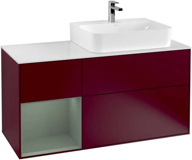 VILLEROY BOCH Toaletní skříňka Finion, s osvětlením, 3 výsuvy, 1200 x 603 x 501 mm, Pivoňka matný lak / Olivový matný lak / Sklo bílé matné #F141GMHB