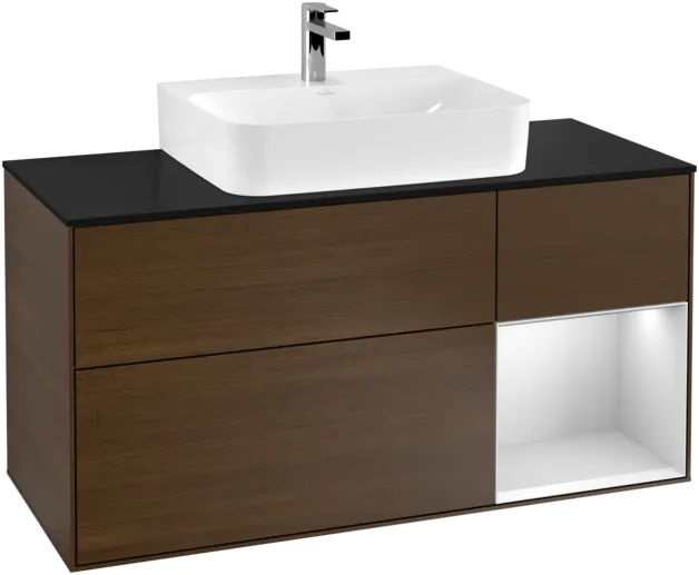VILLEROY BOCH Toaletní skříňka Finion, s osvětlením, 3 výsuvy, 1200 x 603 x 501 mm, ořechová dýha / bílý matný lak / černé matné sklo #F172MTGN, obrázek 1
