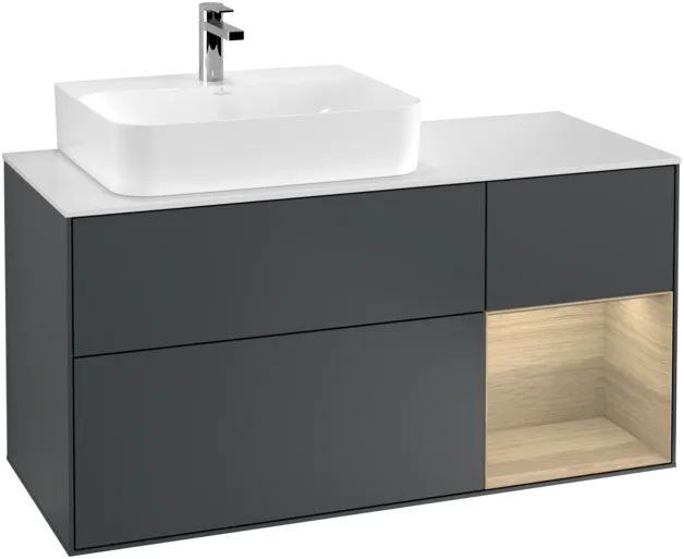 VILLEROY BOCH Toaletní skříňka Finion, s osvětlením, 3 výsuvy, 1200 x 603 x 501 mm, matný lak Midnight Blue / dubová dýha / matné bílé sklo #F151PCHG