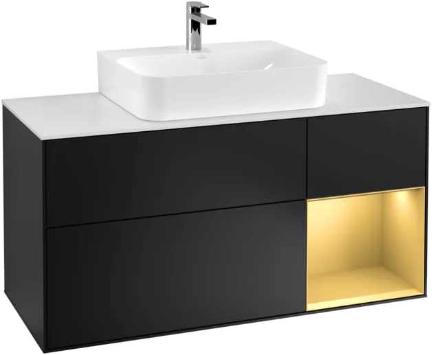 VILLEROY BOCH Toaletní skříňka Finion, s osvětlením, 3 výsuvy, 1200 x 603 x 501 mm, černý matný lak / zlatý matný lak / bílé matné sklo #F171HFPD