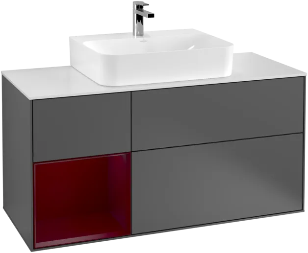 VILLEROY BOCH Toaletní skříňka Finion, s osvětlením, 3 výsuvy, 1200 x 603 x 501 mm, antracitový matný lak / pivoňkový matný lak / bílé matné sklo #F161HBGK