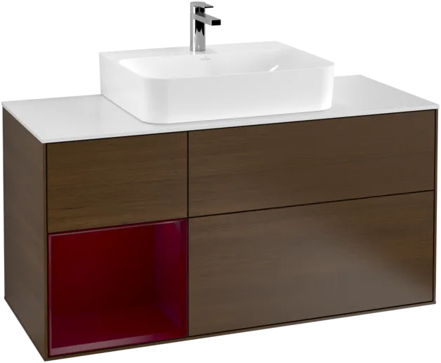 VILLEROY BOCH Toaletní skříňka Finion, s osvětlením, 3 výsuvy, 1200 x 603 x 501 mm, ořechová dýha / matný lak Pivoňka / matné bílé sklo #F161HBGN