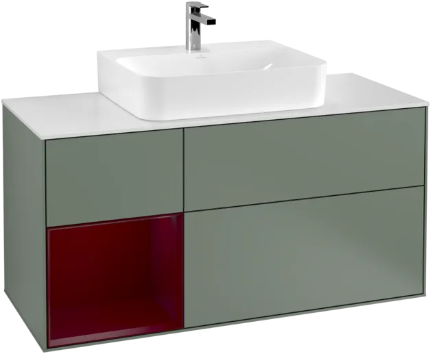 VILLEROY BOCH Toaletní skříňka Finion, s osvětlením, 3 výsuvy, 1200 x 603 x 501 mm, olivový matný lak / pivoňkový matný lak / bílé matné sklo #F161HBGM