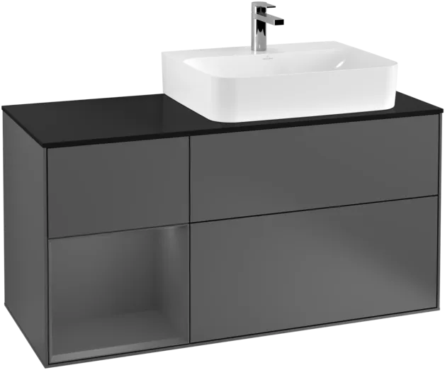 VILLEROY BOCH Toaletní skříňka Finion, s osvětlením, 3 výsuvy, 1200 x 603 x 501 mm, antracit matný lak / antracit matný lak / sklo černé matné #F142GKGK