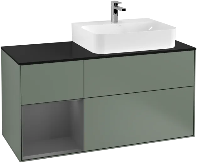 VILLEROY BOCH Toaletní skříňka Finion, s osvětlením, 3 výsuvy, 1200 x 603 x 501 mm, olivový matný lak / antracitový matný lak / černé matné sklo #F142GKGM, obrázek 1