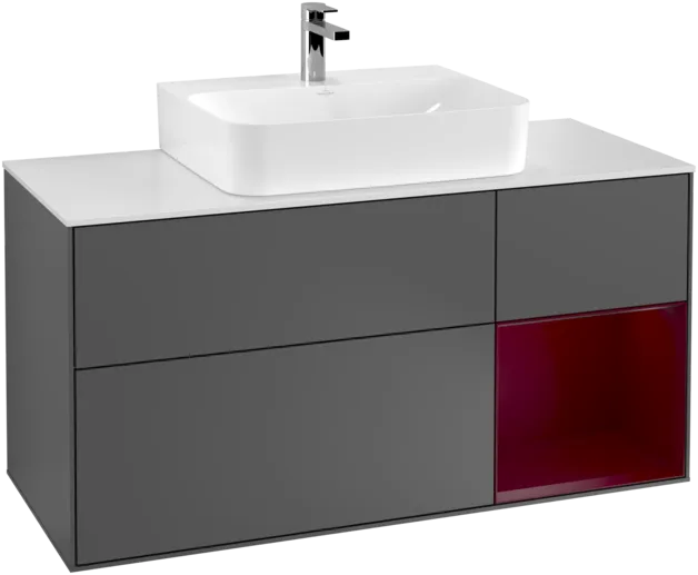 VILLEROY BOCH Toaletní skříňka Finion, s osvětlením, 3 výsuvy, 1200 x 603 x 501 mm, antracitový matný lak / pivoňkový matný lak / bílé matné sklo #F171HBGK, obrázek 1