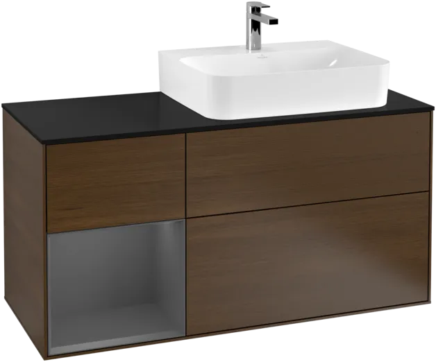 VILLEROY BOCH Toaletní skříňka Finion, s osvětlením, 3 výsuvy, 1200 x 603 x 501 mm, ořechová dýha / antracitový matný lak / černé matné sklo #F142GKGN, obrázek 1