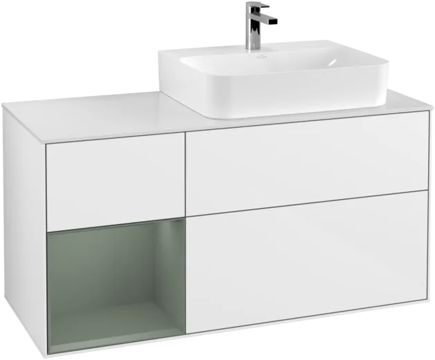 VILLEROY BOCH Toaletní skříňka Finion, s osvětlením, 3 výsuvy, 1200 x 603 x 501 mm, lesklý bílý lak / olivově matný lak / sklo bílé matné #F141GMGF