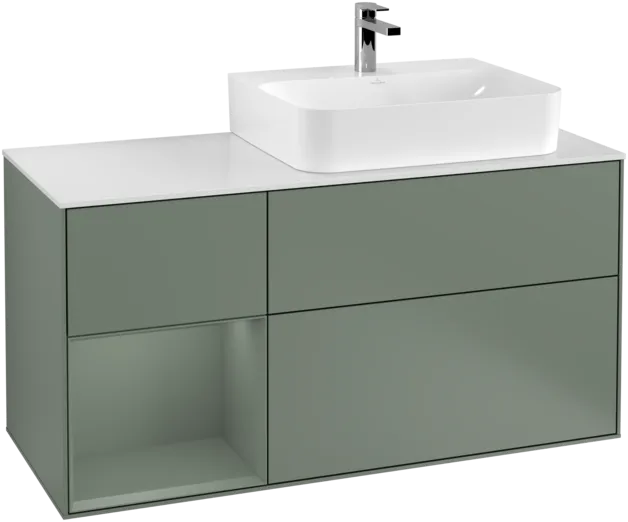 VILLEROY BOCH Toaletní skříňka Finion, s osvětlením, 3 výsuvy, 1200 x 603 x 501 mm, olivově matný lak / olivově matný lak / sklo bílé matné #F141GMGM