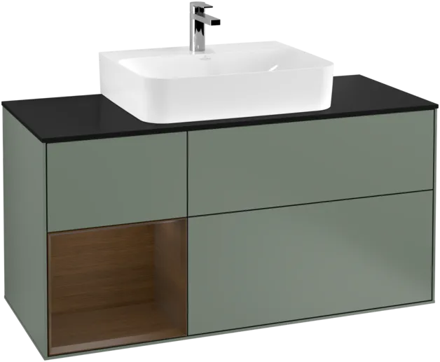 VILLEROY BOCH Toaletní skříňka Finion, s osvětlením, 3 výsuvy, 1200 x 603 x 501 mm, olivový matný lak / ořechová dýha / černé matné sklo #F162GNGM