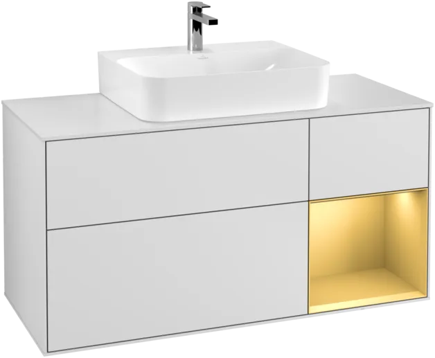 VILLEROY BOCH Toaletní skříňka Finion, s osvětlením, 3 výsuvy, 1200 x 603 x 501 mm, bílý matný lak / zlatý matný lak / bílé matné sklo #F171HFMT