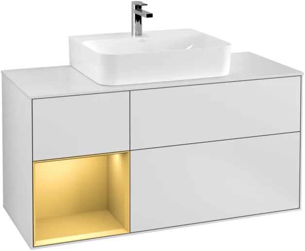 VILLEROY BOCH Toaletní skříňka Finion, s osvětlením, 3 výsuvy, 1200 x 603 x 501 mm, bílý matný lak / zlatý matný lak / bílé matné sklo #F161HFMT, obrázek 1