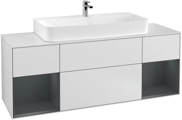 VILLEROY BOCH Toaletní skříňka Finion, s osvětlením, 4 výsuvy, 1600 x 603 x 501 mm, bílý matný lak / půlnoční modrý matný lak / bílé matné sklo #F211HGMT