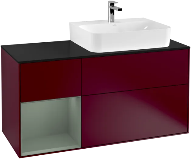 VILLEROY BOCH Toaletní skříňka Finion, s osvětlením, 3 výsuvy, 1200 x 603 x 501 mm, Pivoňka matný lak / Olivový matný lak / Sklo černé matné #F142GMHB