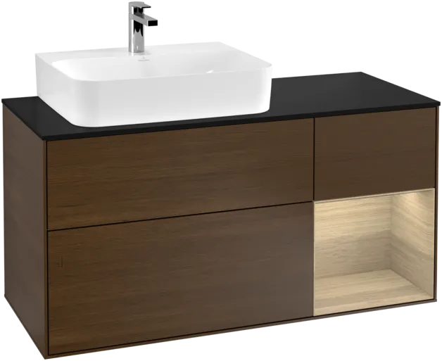 VILLEROY BOCH Toaletní skříňka Finion, s osvětlením, 3 výsuvy, 1200 x 603 x 501 mm, ořechová dýha / dubová dýha / sklo černé matné #F152PCGN, obrázek 1