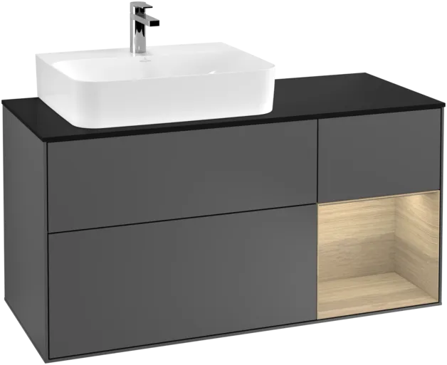 VILLEROY BOCH Toaletní skříňka Finion, s osvětlením, 3 výsuvy, 1200 x 603 x 501 mm, antracitový matný lak / dubová dýha / černé matné sklo #F152PCGK, obrázek 1