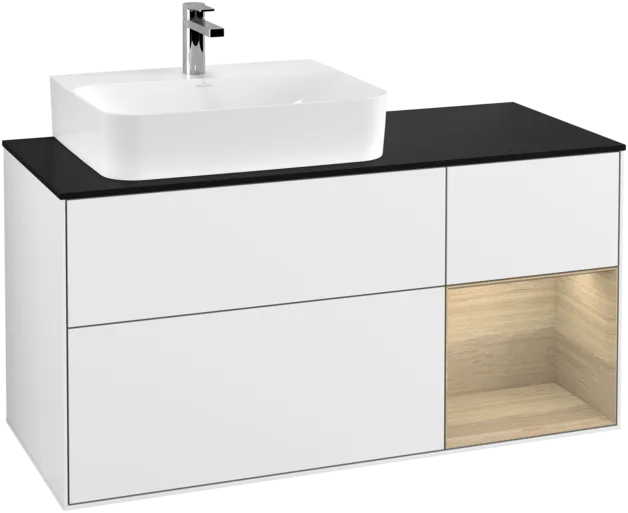 VILLEROY BOCH Toaletní skříňka Finion, s osvětlením, 3 výsuvy, 1200 x 603 x 501 mm, lesklý bílý lak / dubová dýha / černé matné sklo #F152PCGF