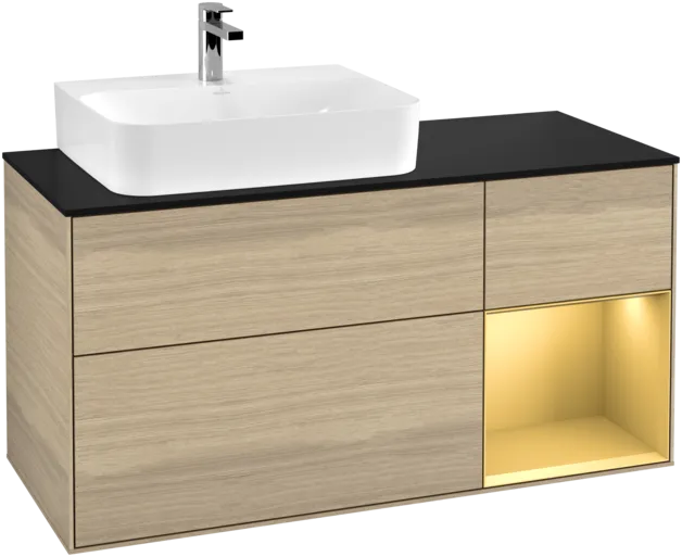 VILLEROY BOCH Toaletní skříňka Finion, s osvětlením, 3 výsuvy, 1200 x 603 x 501 mm, dubová dýha / zlatý matný lak / černé matné sklo #F152HFPC