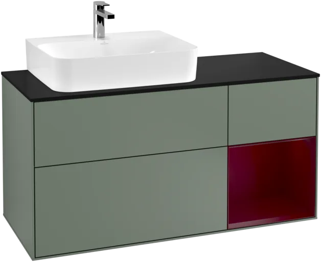 VILLEROY BOCH Toaletní skříňka Finion, s osvětlením, 3 výsuvy, 1200 x 603 x 501 mm, olivový matný lak / pivoňkový matný lak / černé matné sklo #F152HBGM