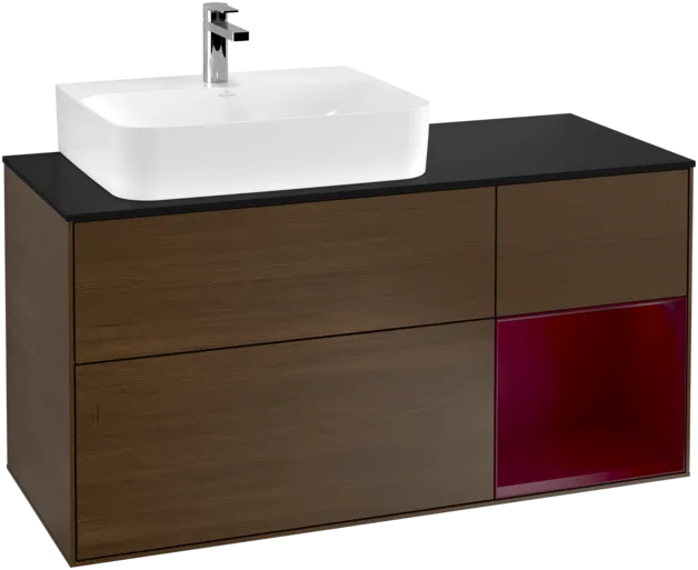 VILLEROY BOCH Toaletní skříňka Finion, s osvětlením, 3 výsuvy, 1200 x 603 x 501 mm, ořechová dýha / matný lak Pivoňka / černé matné sklo #F152HBGN