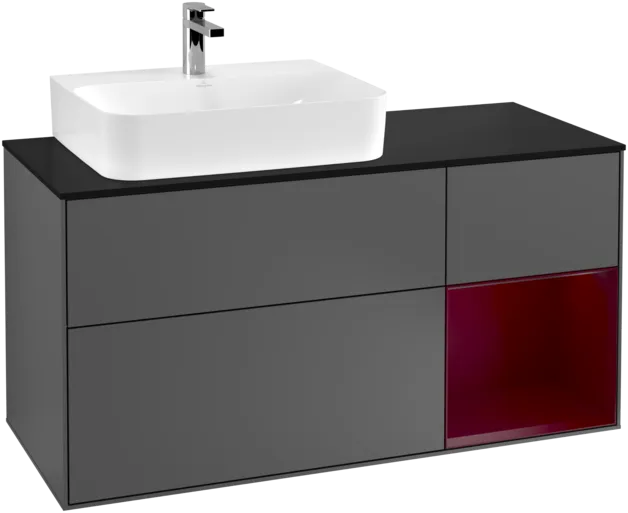 VILLEROY BOCH Toaletní skříňka Finion, s osvětlením, 3 výsuvy, 1200 x 603 x 501 mm, antracitový matný lak / pivoňkový matný lak / černé matné sklo #F152HBGK, obrázek 1