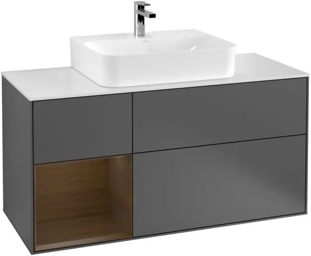 VILLEROY BOCH Toaletní skříňka Finion, s osvětlením, 3 výsuvy, 1200 x 603 x 501 mm, antracit matný lak / ořechová dýha / sklo bílé matné #F161GNGK