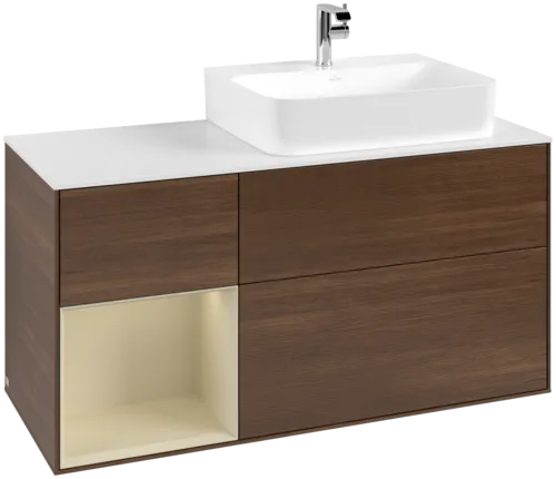 VILLEROY BOCH Toaletní skříňka Finion, s osvětlením, 3 výsuvy, 1200 x 603 x 501 mm, ořechová dýha / hedvábně šedý matný lak / sklo bílé matné #F141HJGN